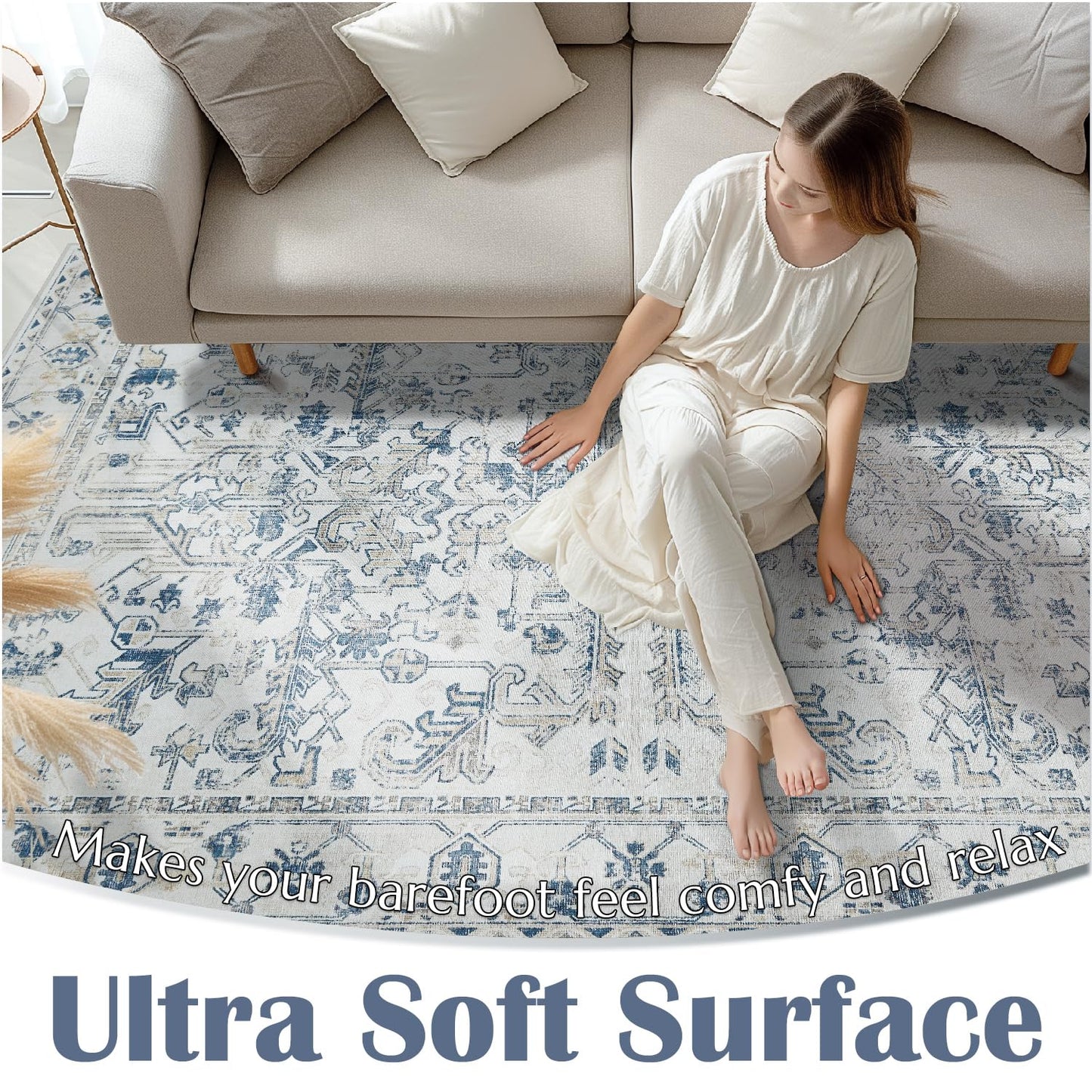 jinchan Lima Hallway Runner Rug 2x10 Washable - Vintage Floral Non Slip Low-Pile Soft Ultra-Thin Faux Wool Kitchen Rug Distressed Carpet Runner for Farmhouse Bedroom Laundry (2x10ft, Blue)