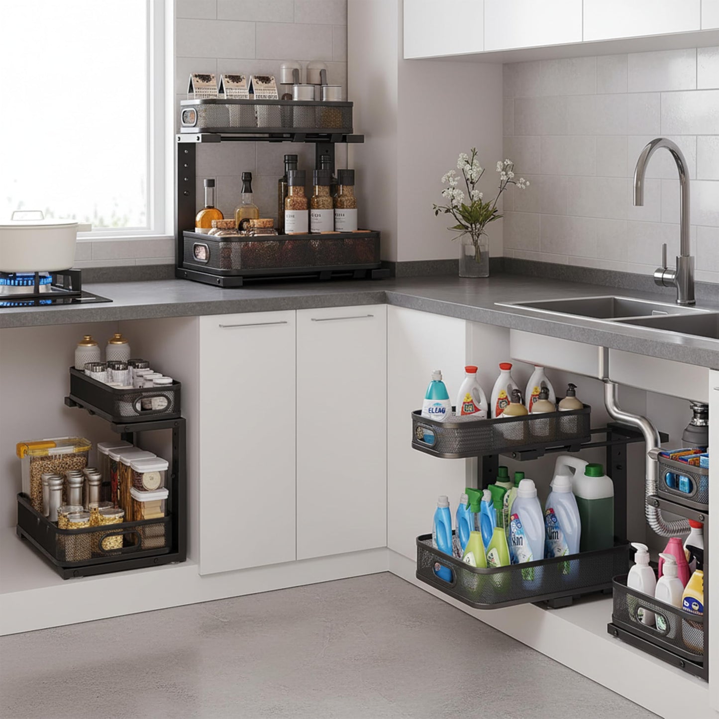 ValorTiger 2 Pack Under Sink Organizer, Dual-Layer Pull Out Mesh Cabinet Rack with 5-Level Height Adjustment, Rust-Resistant Sliding Storage for Bathroom & Kitchen, Multi-Purpose 2-Tier Shelf(Black)