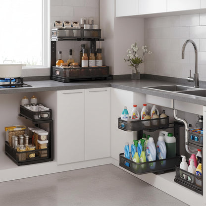ValorTiger 2 Pack Under Sink Organizer, Dual-Layer Pull Out Mesh Cabinet Rack with 5-Level Height Adjustment, Rust-Resistant Sliding Storage for Bathroom & Kitchen, Multi-Purpose 2-Tier Shelf(Black)