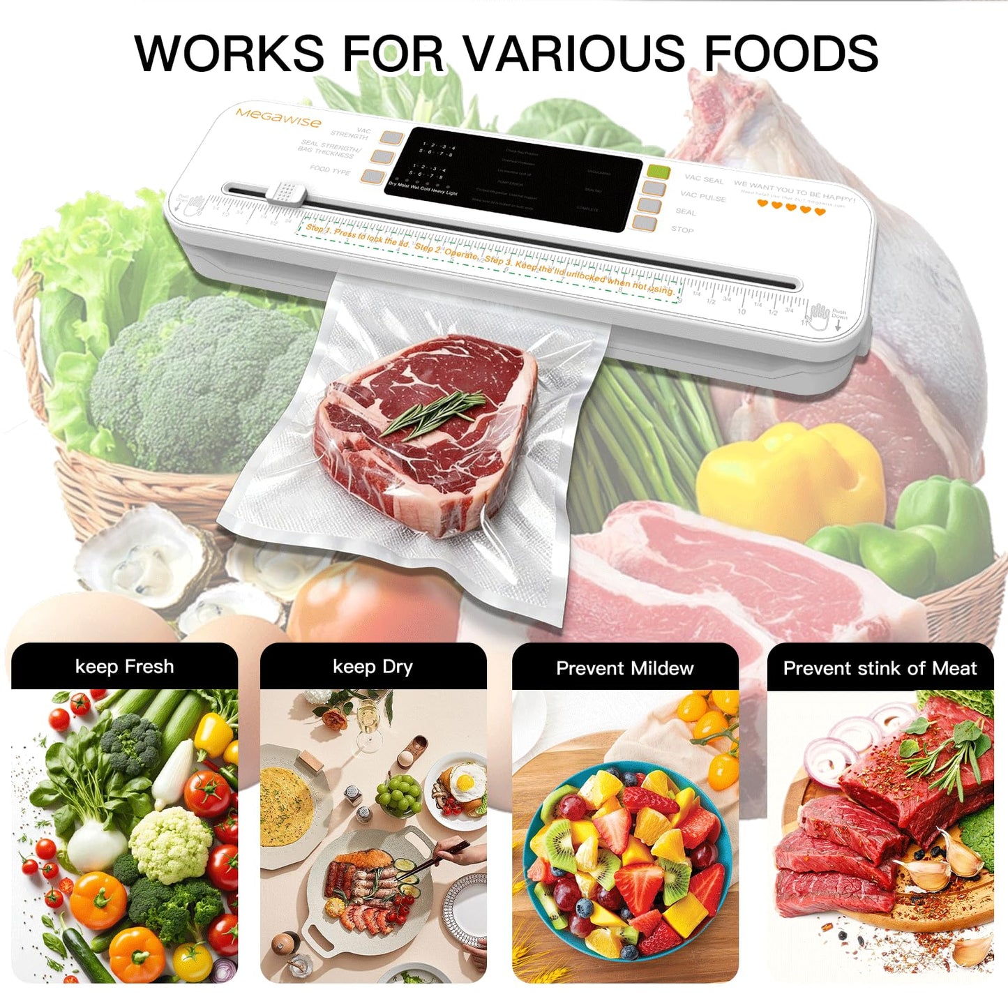 MEGAWISE Food Vacuum Sealer for Food Preservation, Freezer Storage & Meal Prep, Dry & Moist Modes, Built-in Cutter Compact, White