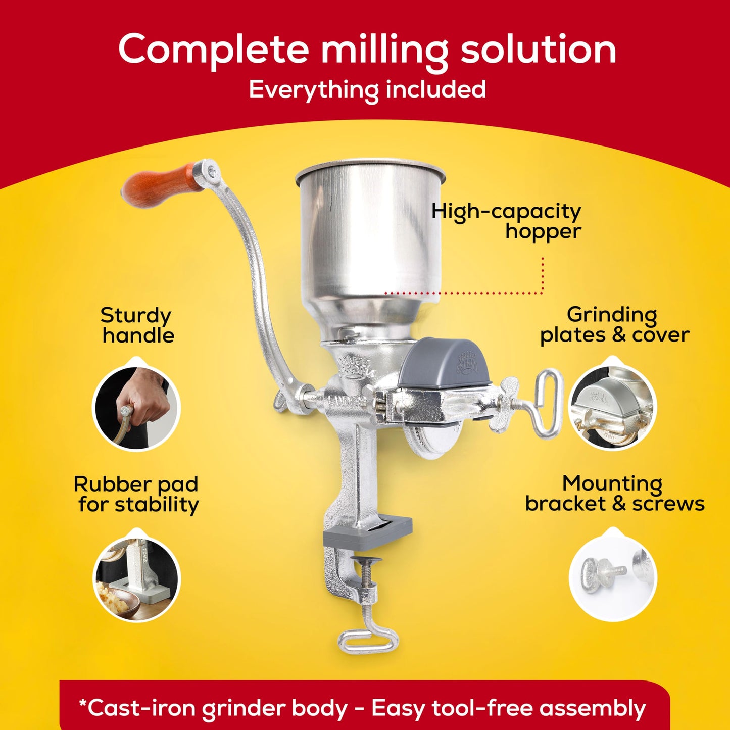 Corona Corn Grinder with High Hopper, Grain Mill, Manual Grinder For Corn, Rice, Soybeans, Pepper, Chickpeas, Cast Iron Wheat Grinder For Domestic Use