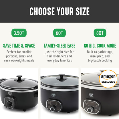 GreenLife 6QT Slow Cooker, Non-Toxic PFAS-Free Ceramic Nonstick Removable Interior Bowl, Programmable, Family Friendly, Keep Warm, Stovetop & Oven Safe, Dishwasher Safe Crock, Timer, Glass Lid, Black
