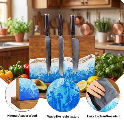 Singhoow Magnetic Knife Block Double Sided Magnetic Knife Board Acacia Wood Blue Resin Ocean River Magnet Knives Holder Stand for Kitchen Storage Counter Gifts for New Home 13 x 10 Inch Without Knives