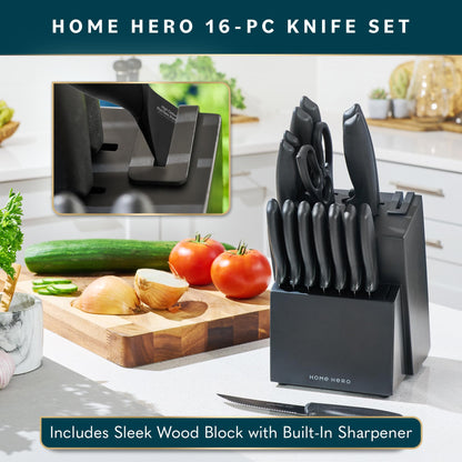 Home Hero Kitchen Knife Set - Wooden Knife Block Organizer - High Carbon Stainless Steel Blades - Ergonomic Handles with Built-In Sharpener & Kitchen Scissors - 16-Pc, Black