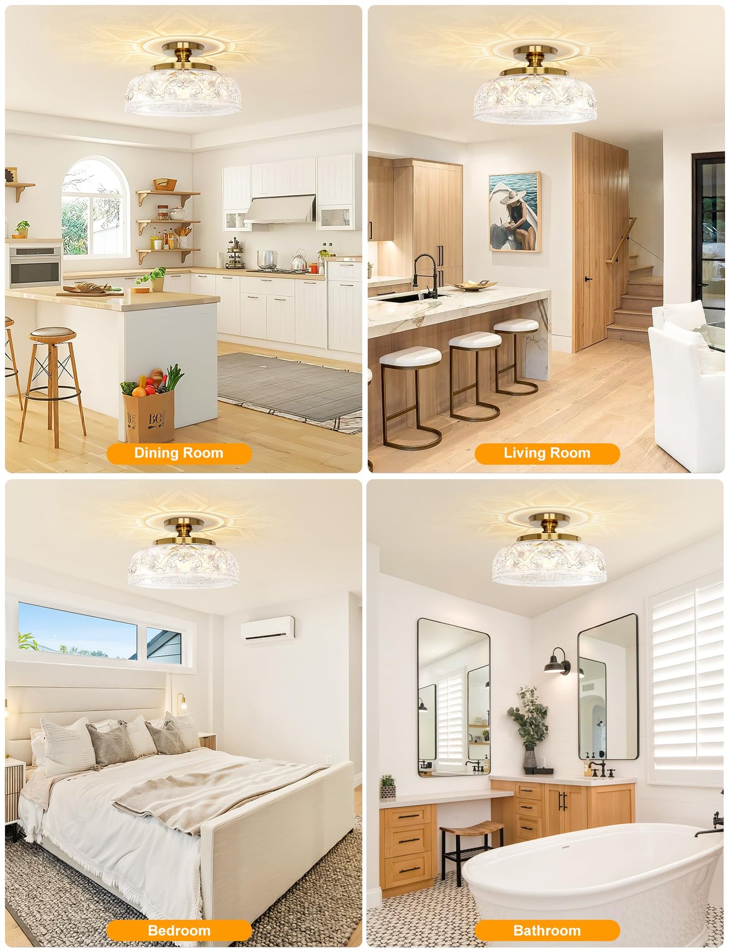 Slypadan Semi Flush Mount Ceiling Light, 12 Inch Large Gold Ceiling Light Fixture, 3-Light Globe Glass Farmhouse Kitchen Lighting Fixtures for Bathroom, Hallway, Dining Room (Bulb Not Included)
