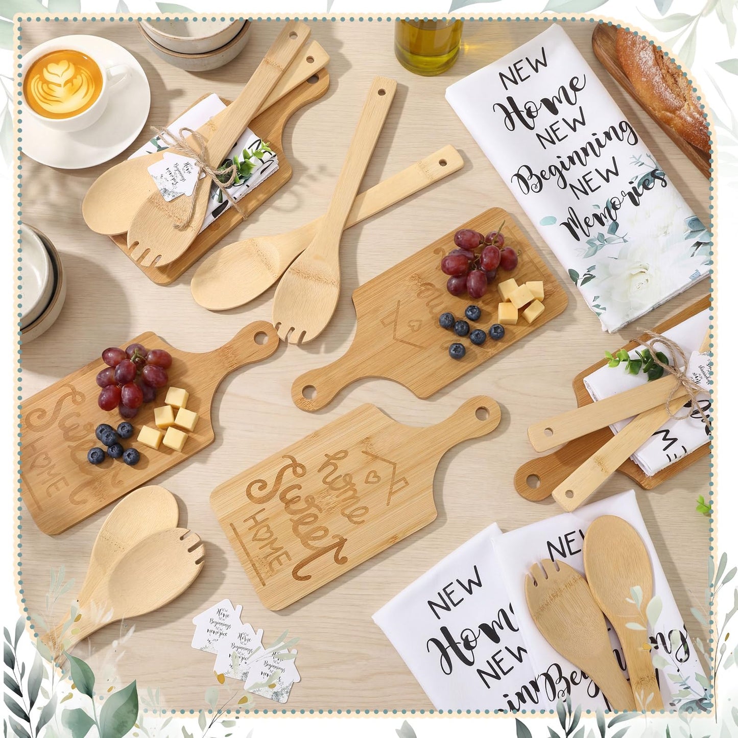 Geelin Housewarming Gifts Engraved Cutting Board New Home Beginning Kitchen Towels Cards Bamboo Spoons House Warming Gift Set for Homeowner Neighbor Couple Apartment Kitchen(31 Pcs,Rectangle)