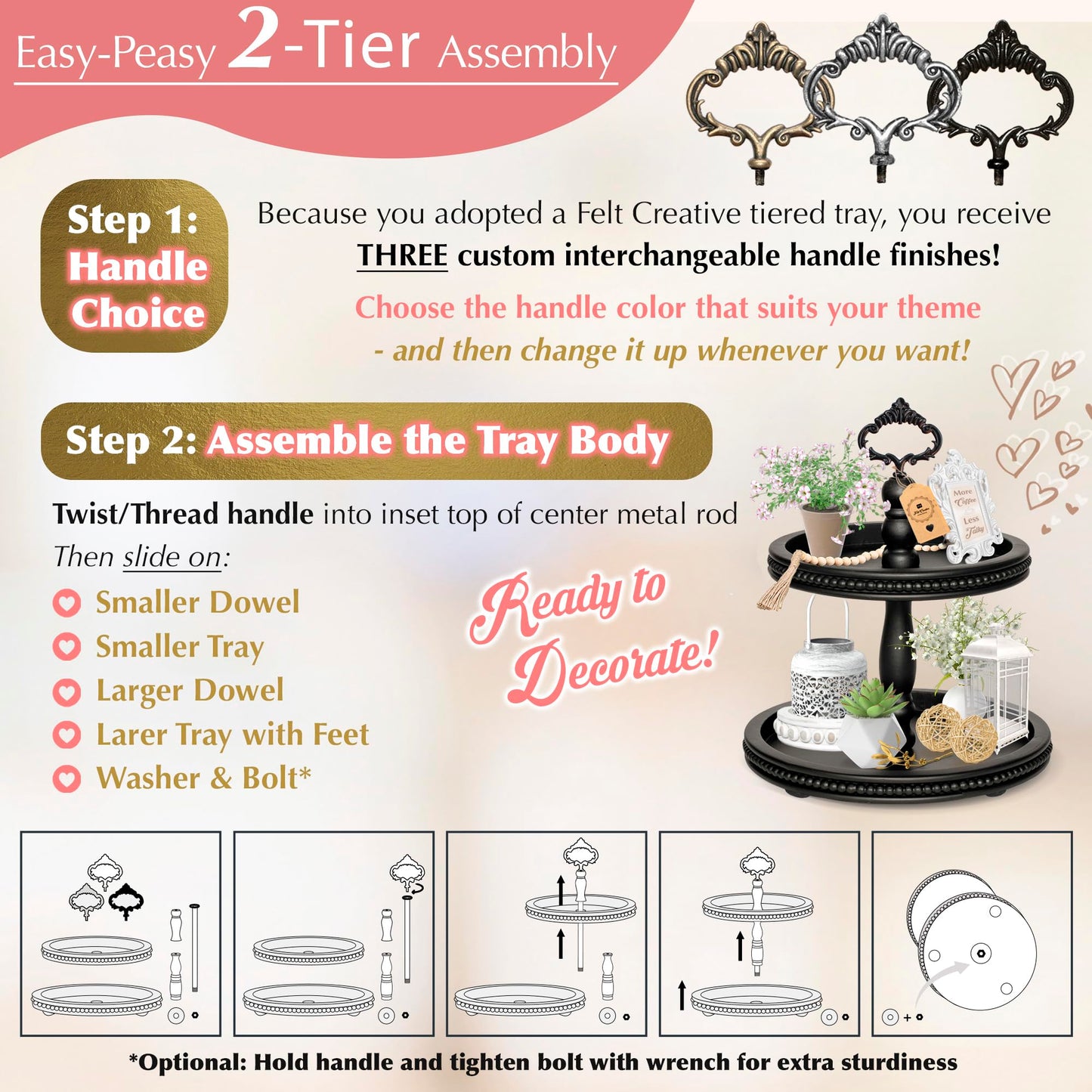 2 Tiered Tray Wooden Serving Stand by Felt Creative Home Goods. Small Beaded Tray for Home Decor Display Farmhouse Country Decoration Kitchen or Dining. Includes 3 Finial Custom Handles (Black)