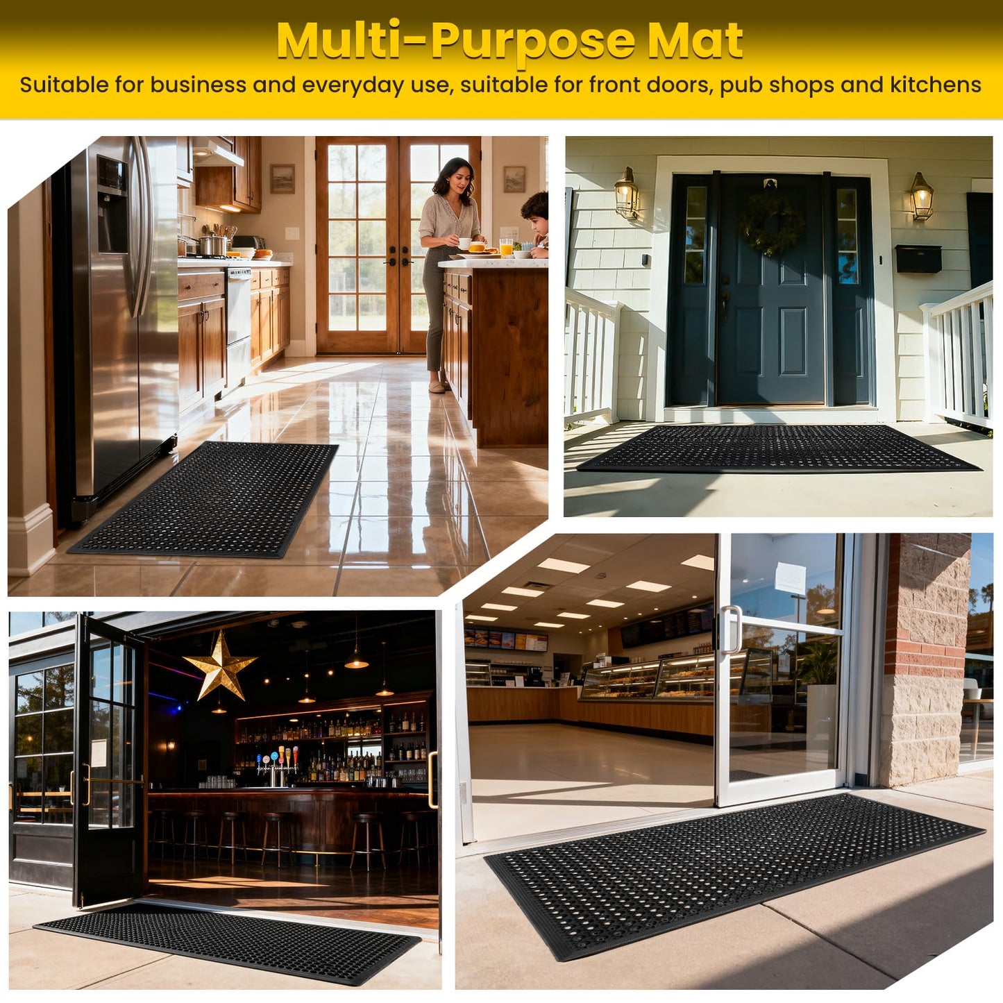 Rubber Door Mat with Holes, 36"x60" Rubber Floor Mat, Heavy Duty Floor Mats for Garage Floor Outdoor Restaurant Kitchen Bar (Black) (36"x60")