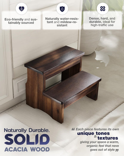 FANATU Wooden Two Step Stool, Heavy Duty 2-Step Ladder for Adults & Kids, Supports up to 450lbs for Kitchen, Bathroom or Bedside Use (Walnut Finish)