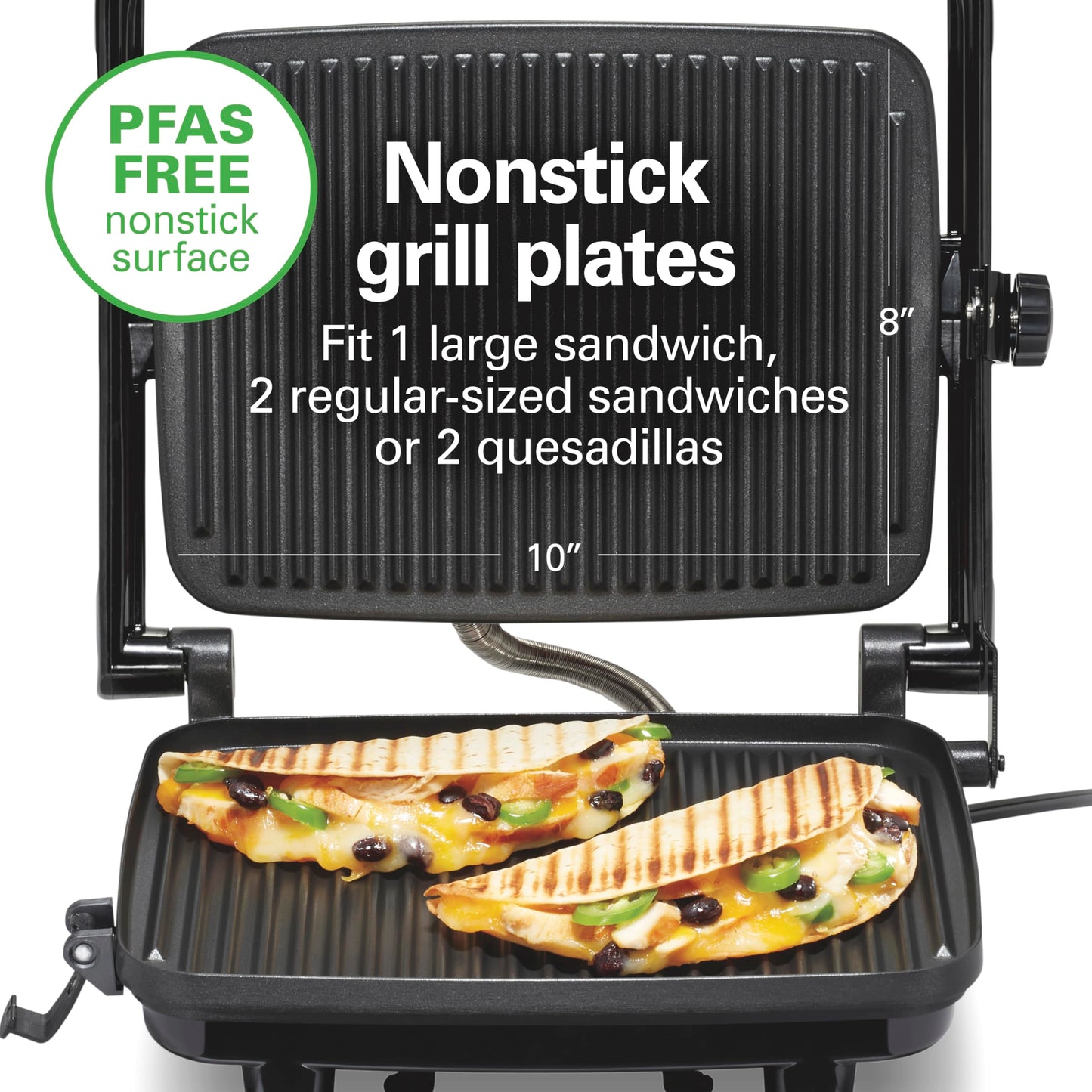 Hamilton Beach Panini Press Sandwich Maker & Electric Indoor Grill with Locking Lid, Opens Wide to Fit Any Thickness for Quesadillas, Burgers & More, Nonstick 8" x 10" Grids, Chrome (25460MNA)
