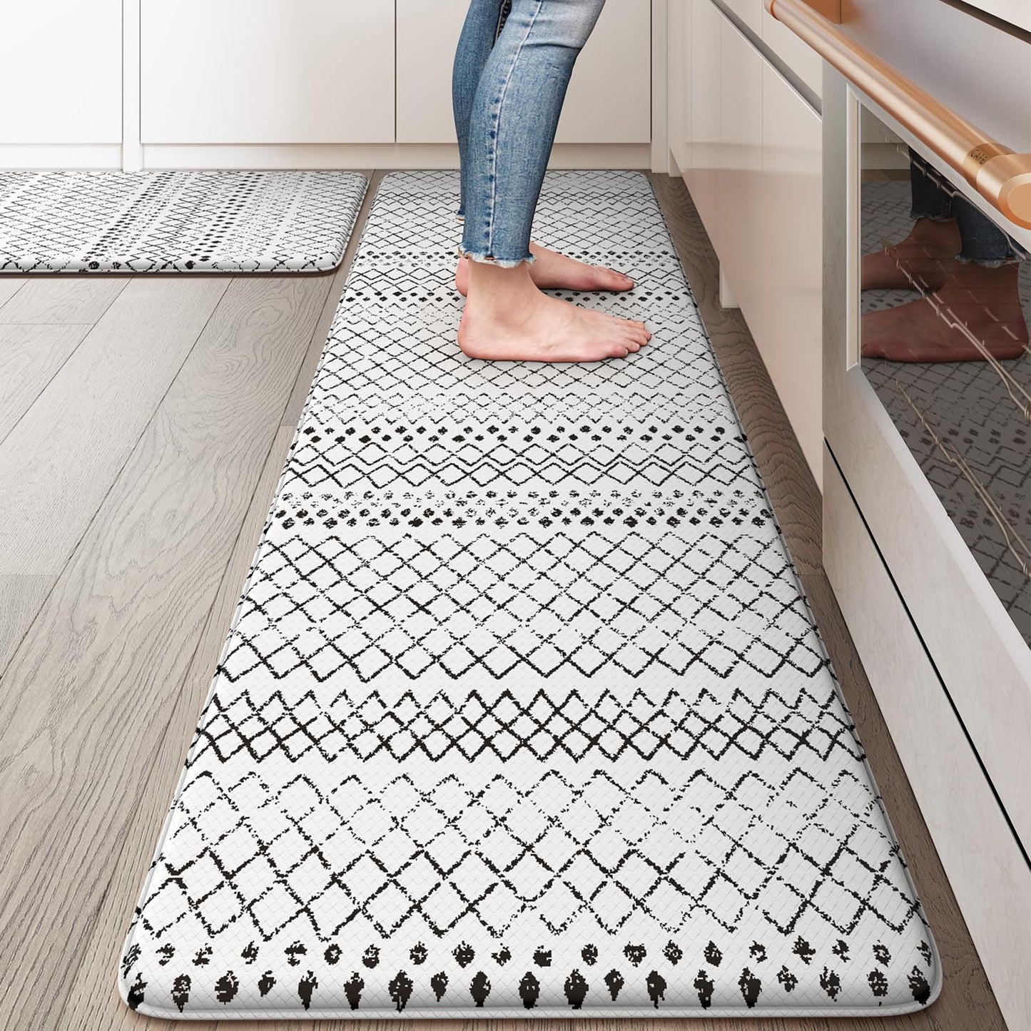 KIMODE Kitchen Mats 2PCS,Anti Fatigue Geometric Kitchen Rugs,Non Slip Waterproof Kitchen Mats for Floor,Cushioned Comfort Foam Standing Desk Mat for Home, Office, Sink,Laundry,Black and White