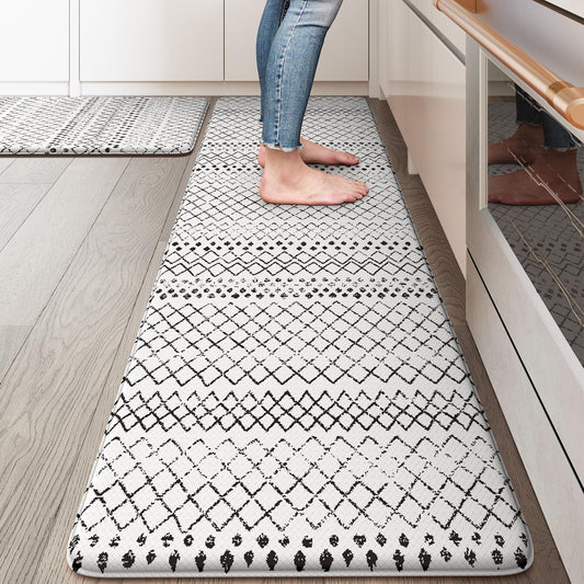 KIMODE Kitchen Mats 2PCS,Anti Fatigue Geometric Kitchen Rugs,Non Slip Waterproof Kitchen Mats for Floor,Cushioned Comfort Foam Standing Desk Mat for Home, Office, Sink,Laundry,Black and White