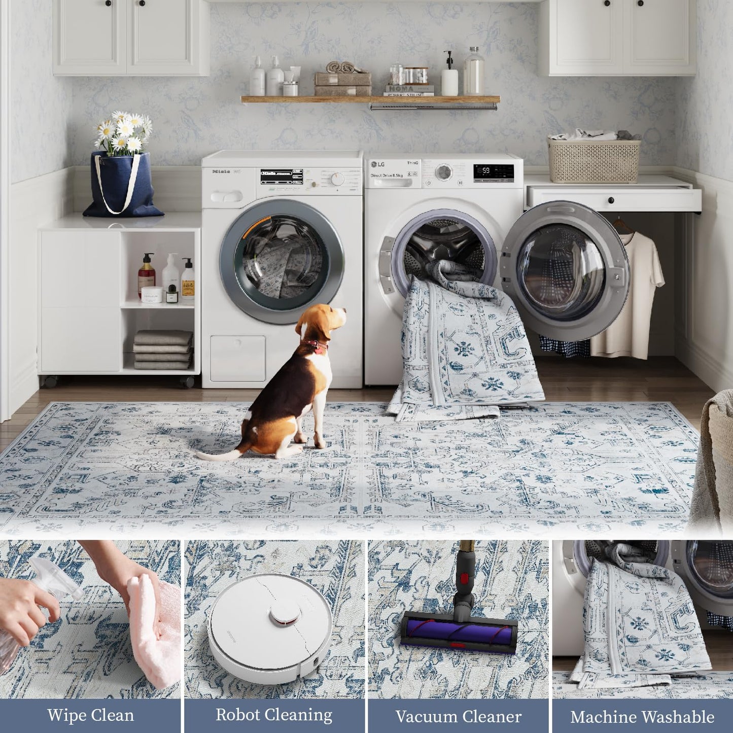 jinchan Lima Hallway Runner Rug 2x10 Washable - Vintage Floral Non Slip Low-Pile Soft Ultra-Thin Faux Wool Kitchen Rug Distressed Carpet Runner for Farmhouse Bedroom Laundry (2x10ft, Blue)