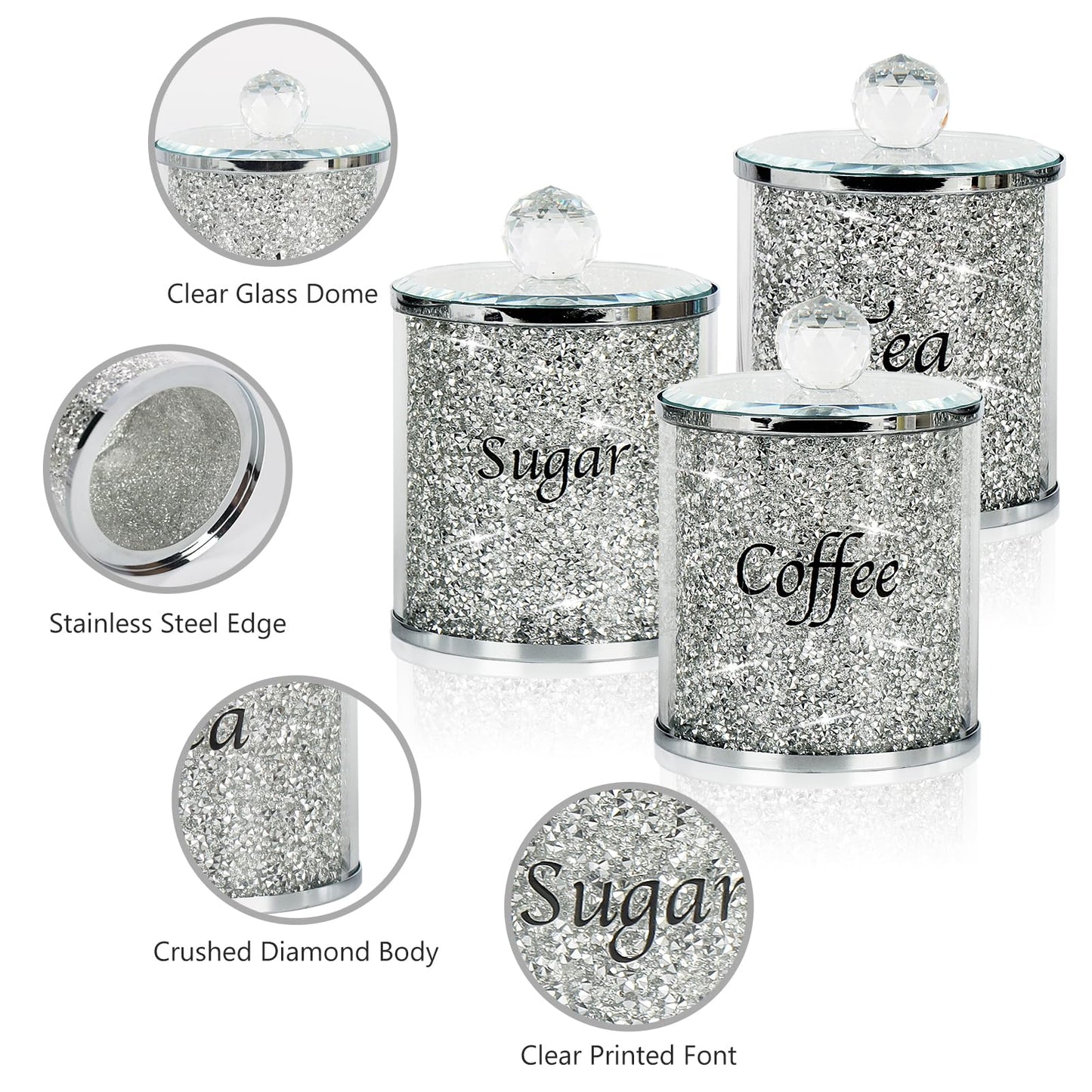 Topsky Coffee Sugar Tea Crystal Canister Set of 4,Sparkly Crystal Crushed Diamonds Home Decor,Silver Kitchen Coffee Jar Storage Set with Label & Lid,Storage Container Set for Countertop,Dining Room