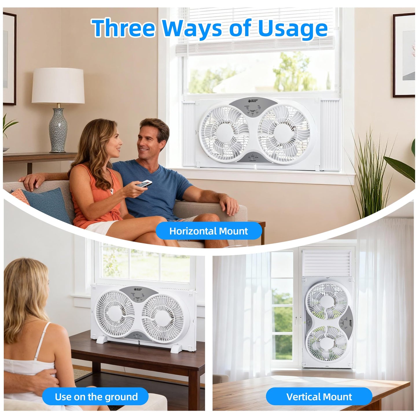 BEYOND BREEZE Window Fan Reversible Airflow, 9" Dual Window Fan with 3-Speed 3 Modes (Cool, Circulate, Exhaust), Remote Control Twin Window Fan 23.5" to 37" Adjustable Width for Bedroom, Kitchen, Home