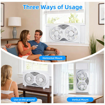 BEYOND BREEZE Window Fan Reversible Airflow, 9" Dual Window Fan with 3-Speed 3 Modes (Cool, Circulate, Exhaust), Remote Control Twin Window Fan 23.5" to 37" Adjustable Width for Bedroom, Kitchen, Home