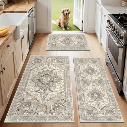 Yamaziot Boho Washable Kitchen Rugs Sets of 3, Non Slip Kitchen Mats for Floor with Rubber Backing, Waterproof & Stain Resistant Carpet Runner Throw Rug for Kitchen, Laundry Room, Hallway
