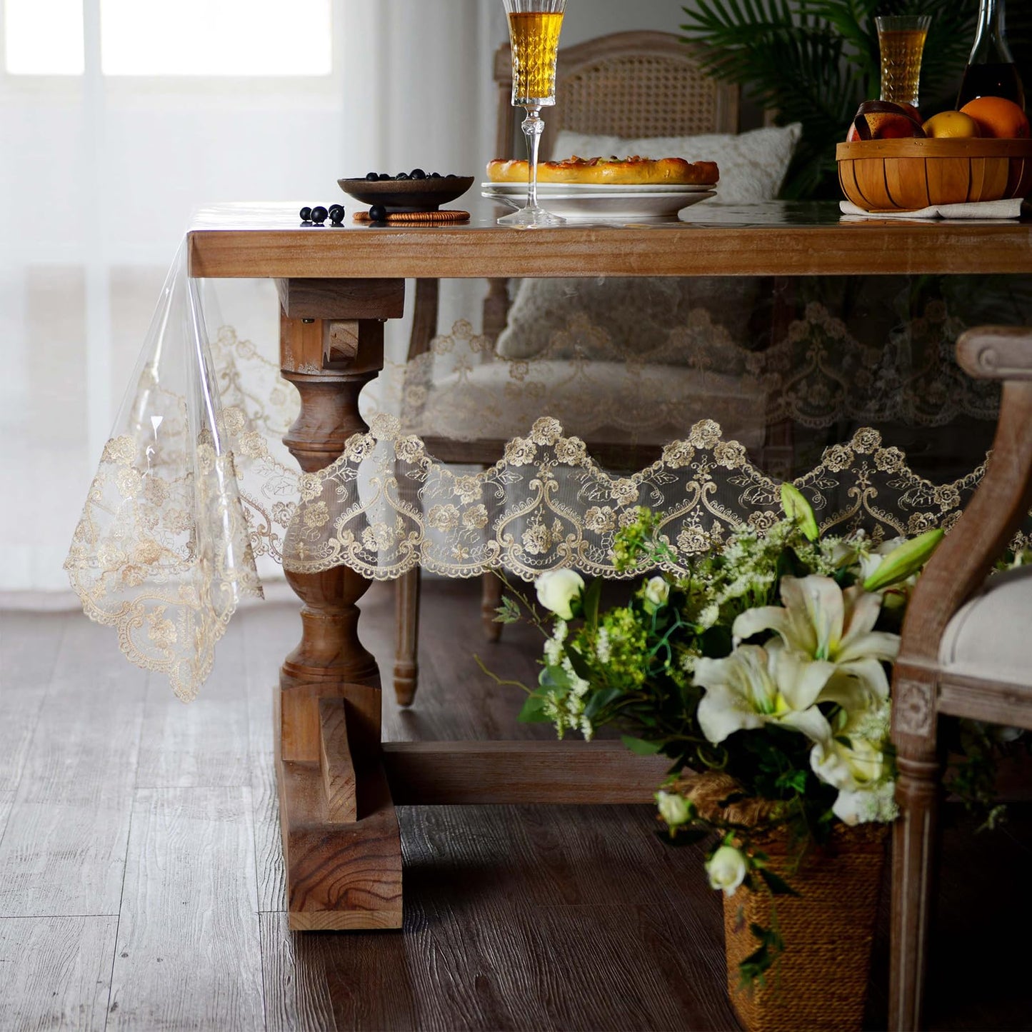 ARTABLE Vinyl PVC Rectangle Tablecloth Waterproof Clear Table Cover with Champagne Lace Macrame Border for Wedding Kitchen Home Outdoor Indoor Holidays Party Decor (Gold, 60 x 104 Inch)