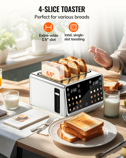 Toaster 4 Slice with TouchScreen, Memory Function & Single-Slot Focus, Keenstone 1800W Smart Digital Toaster for Ultimate Control, Wide Slot to Reheat & Defrost Bagels, Bread, Waffles, Stainless Steel