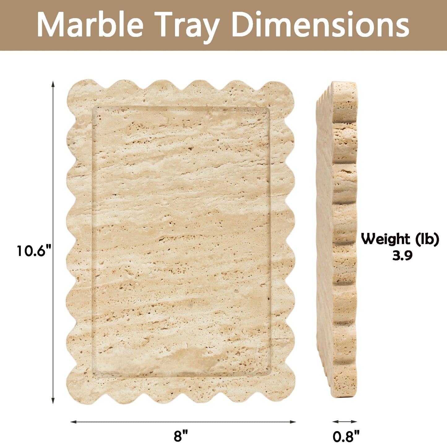 YMXYJM Genuine Travertine Scalloped Marble Tray, Real Natural Marble Stone Trays, Luxury Decorative Trays for Bathroom, Dresser, Vanity, Kitchen, Home Decor, 10.6" x 8", Travertine Beige