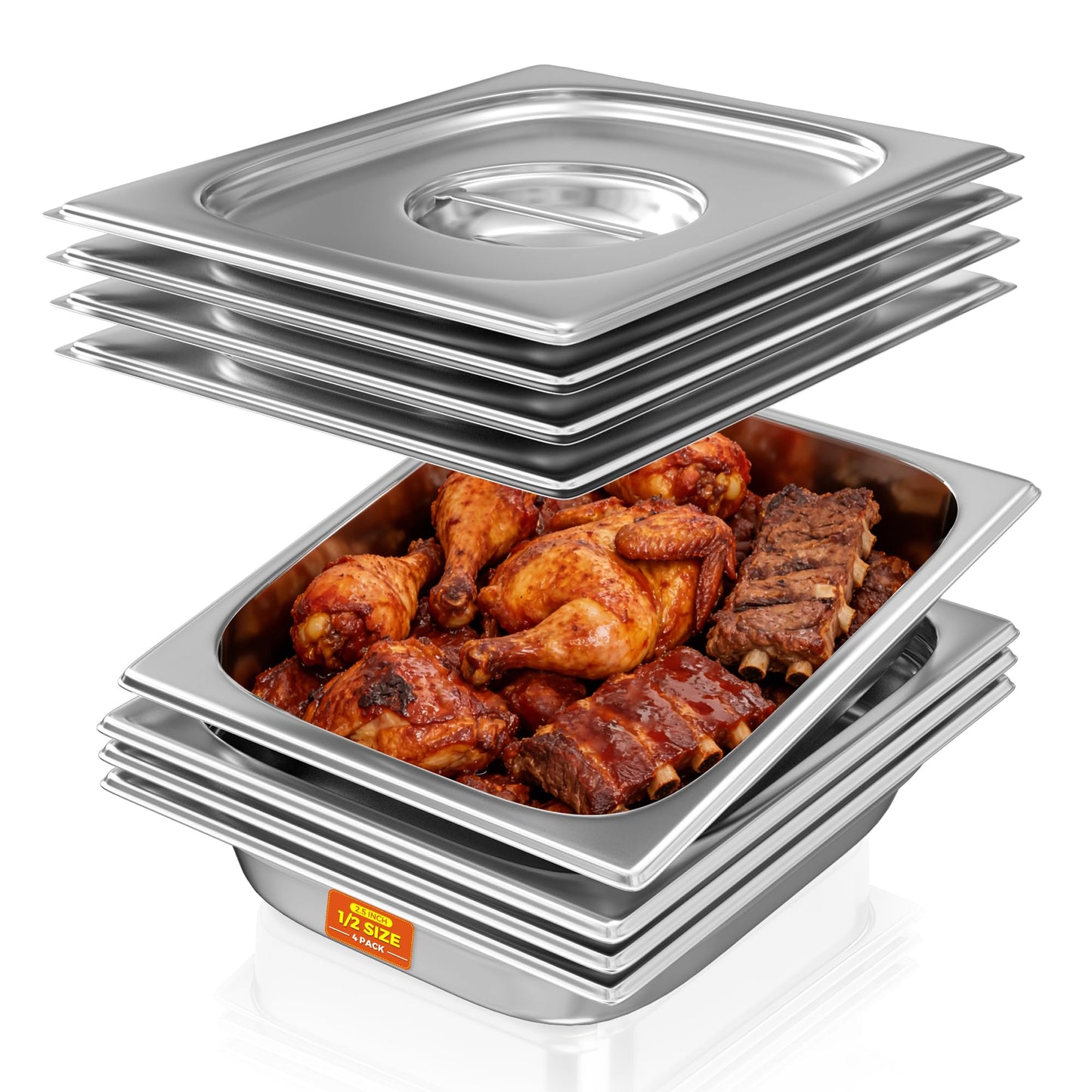 HOCCOT 4 Pack Hotel Pans with Lids 1/2 Size 2.5" Deep, Stainless Steel Steam Table Pan with Lid, Commercial Metal Buffet Food Storage Container, Anti-Jam Design, for Restaurant, Kitchen, Party, Home