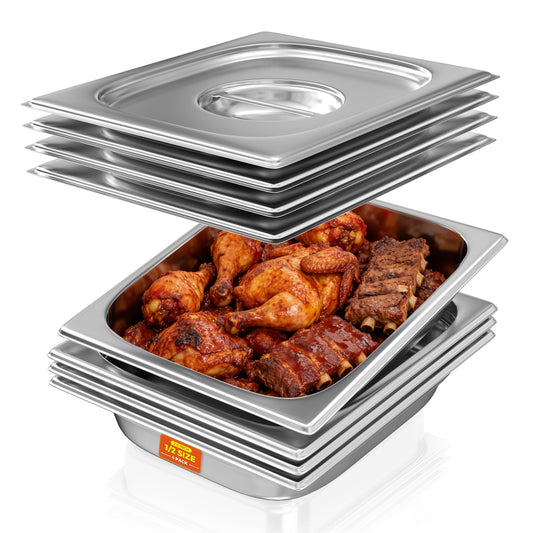 HOCCOT 4 Pack Hotel Pans with Lids 1/2 Size 2.5" Deep, Stainless Steel Steam Table Pan with Lid, Commercial Metal Buffet Food Storage Container, Anti-Jam Design, for Restaurant, Kitchen, Party, Home