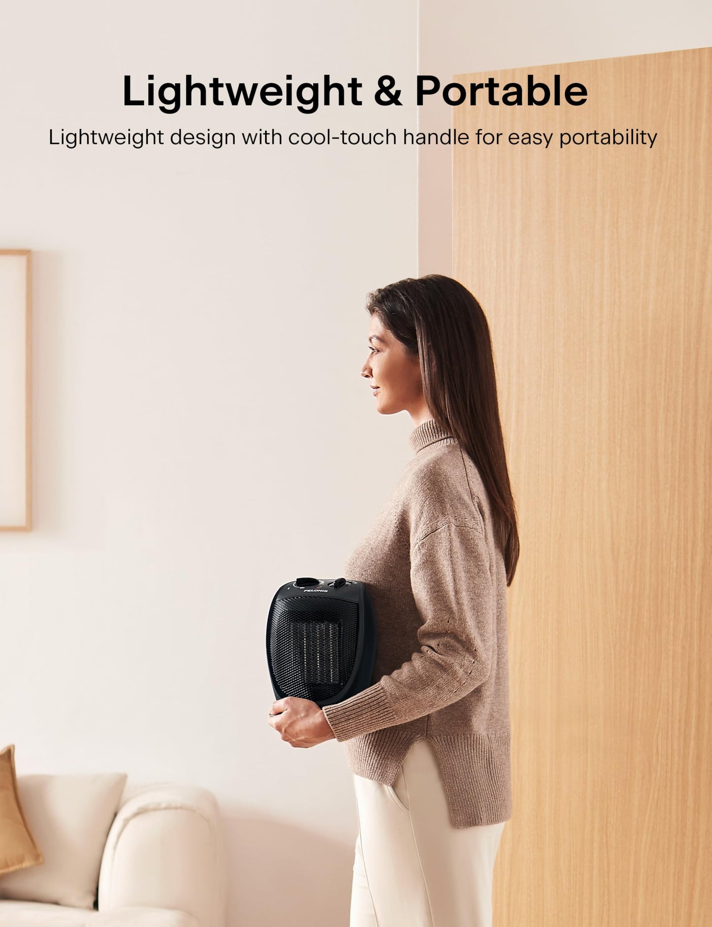 PELONIS 1500W Portable Ceramic Space Heater, Quiet, All-Season, Tip-Over & Overheat Protection, Black, 9"