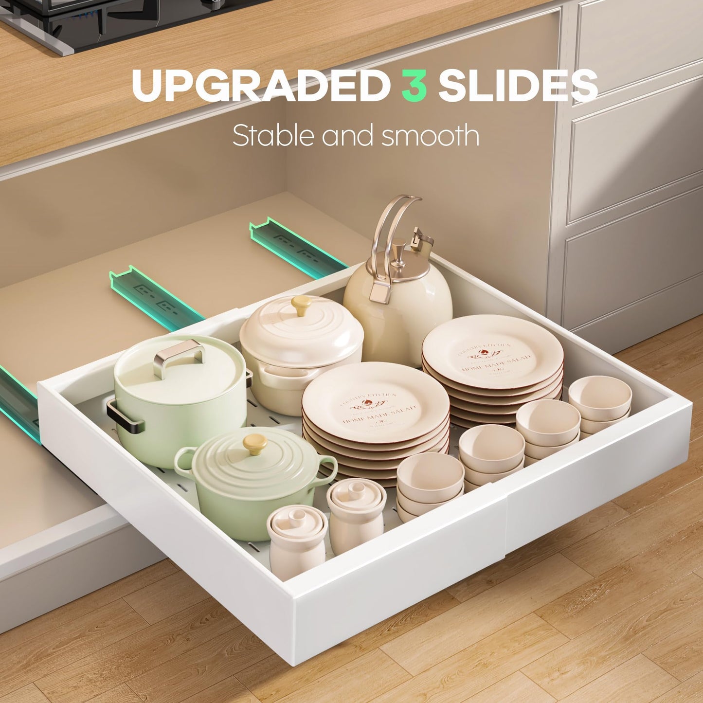 Seinloes 2 Pack Pull out Cabinet Organizer 21"Deep With Raising Pad for Framed Cabinets, Expandable Slide out Drawers for Kitchen Cabinets with 4pcs Divider Racks, Roll out Shelves 12.1"-20.4" W White