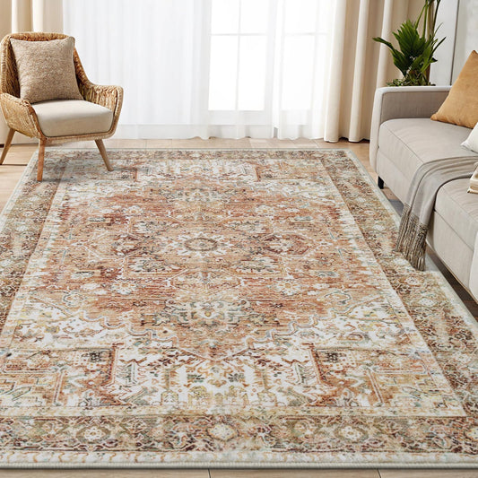 Smiry Area Rugs for Living Room Bedroom, Machine Washable 5x7 Vintage Rug, Soft Plush Bedside Floor Carpet for Farmhouse Nursery Kitchen Laundry Home Decor, Gold