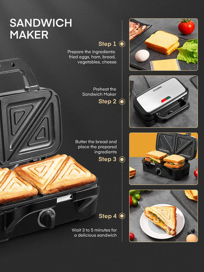 FOHERE Sandwich Maker 3 In 1 Waffle Maker With Removable Plates,1200W Grilled Cheese Maker, 5-gear Temperature Control, Non-stick Coating Easy to Clean, Indicator Lights, Silver/Black