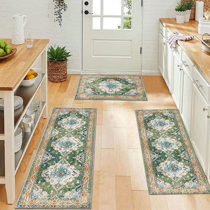 Apioiqa Farmhouse Kitchen Rug Sets 3 Piece Washable, Non Slip Kitchen Rugs and Mats Set, Boho Kitchen Mats for Floor, Green Flowers Kitchen Floor Rugs for Hallway Laundry Room