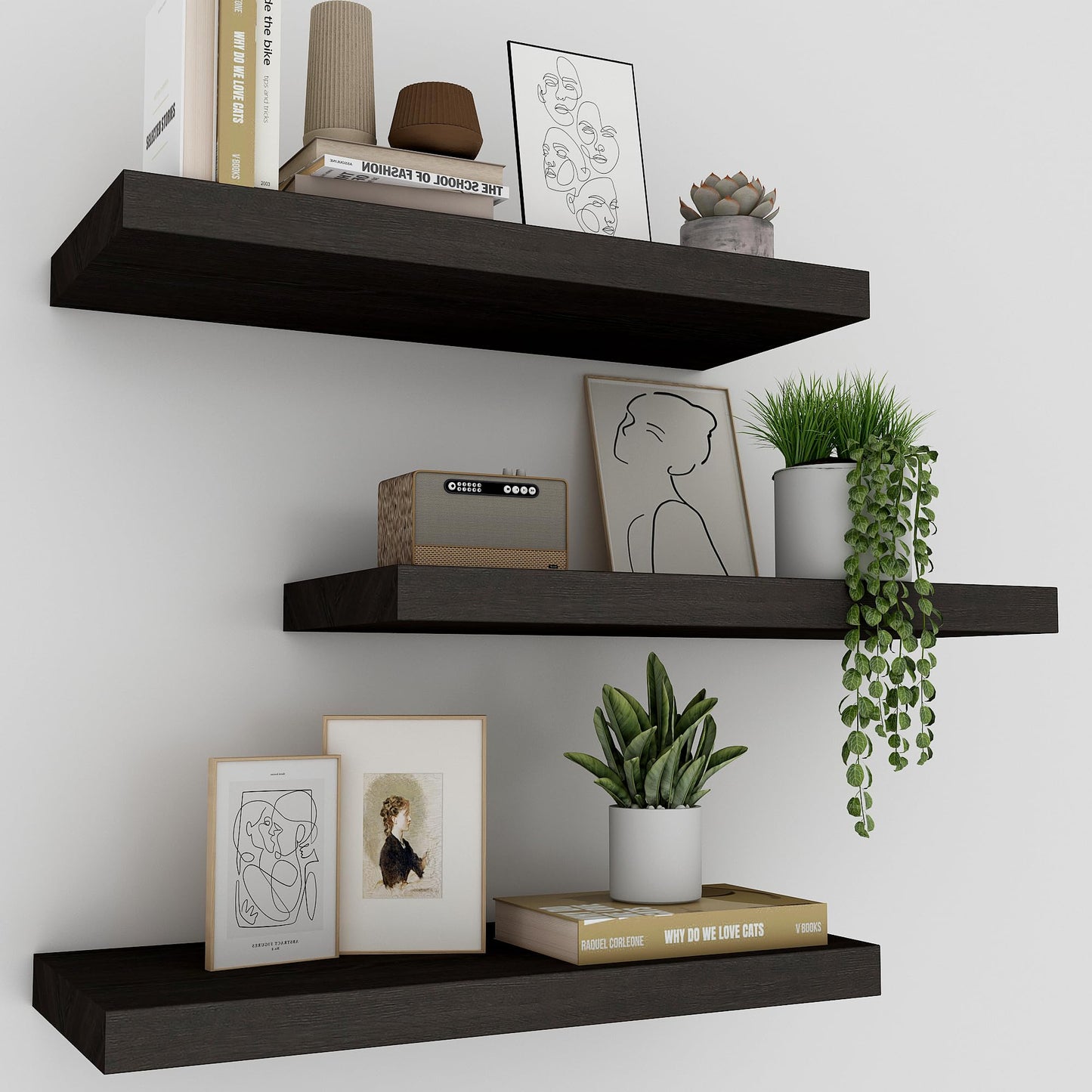 Upassion Floating Shelves for Wall Set of 3, 16" Black Wall Shelves for Home Decor, Frame Display Floating Shelf for Living Room, Bedroom, Bathroom, Kitchen
