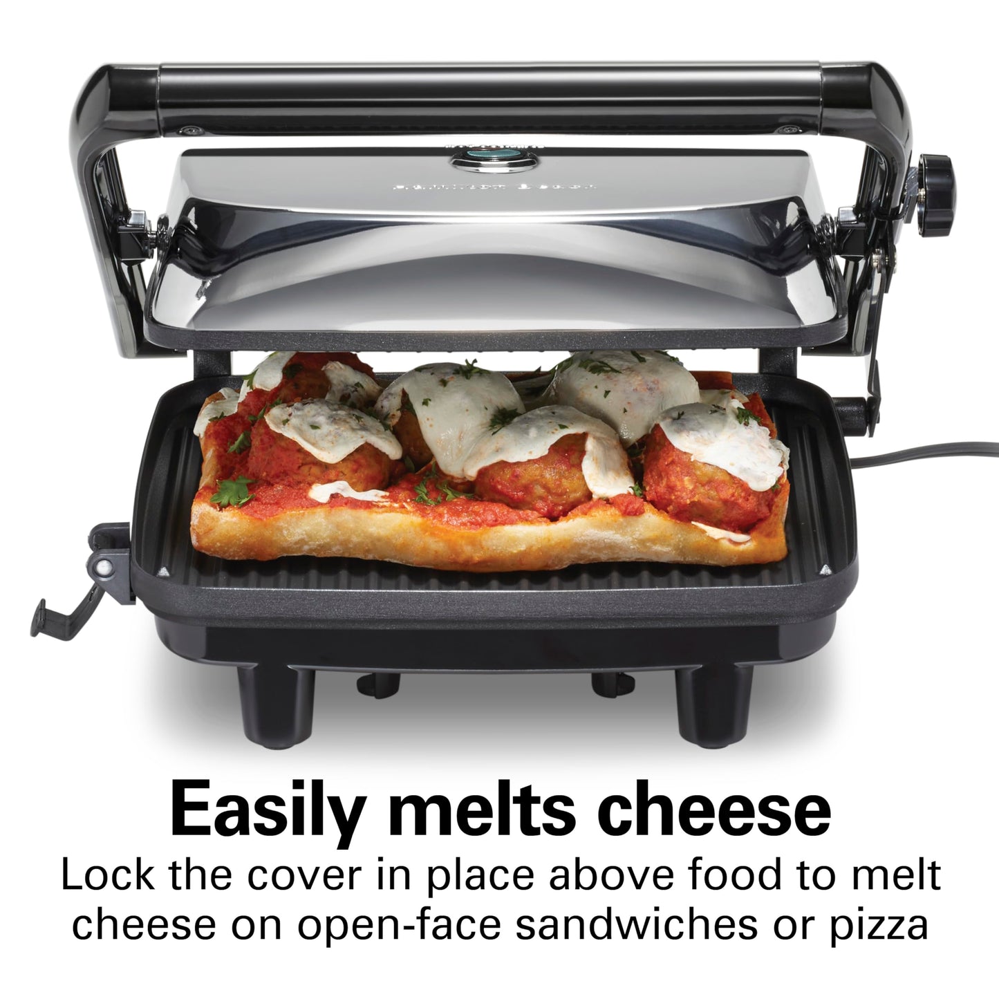 Hamilton Beach Panini Press Sandwich Maker & Electric Indoor Grill with Locking Lid, Opens Wide to Fit Any Thickness for Quesadillas, Burgers & More, Nonstick 8" x 10" Grids, Chrome (25460MNA)
