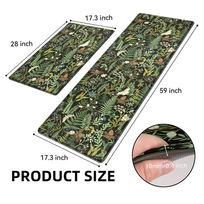 Black Green Botanical Kitchen Rugs Set of 2 Plant Leaf Anti-Fatigue Kitchen Mat Natural Comfort Standing Waterproof PVC Mats 2/5" Thick Leather Carpet for Laundry Office Sink(17.3" x28" + 17.3" x 59")