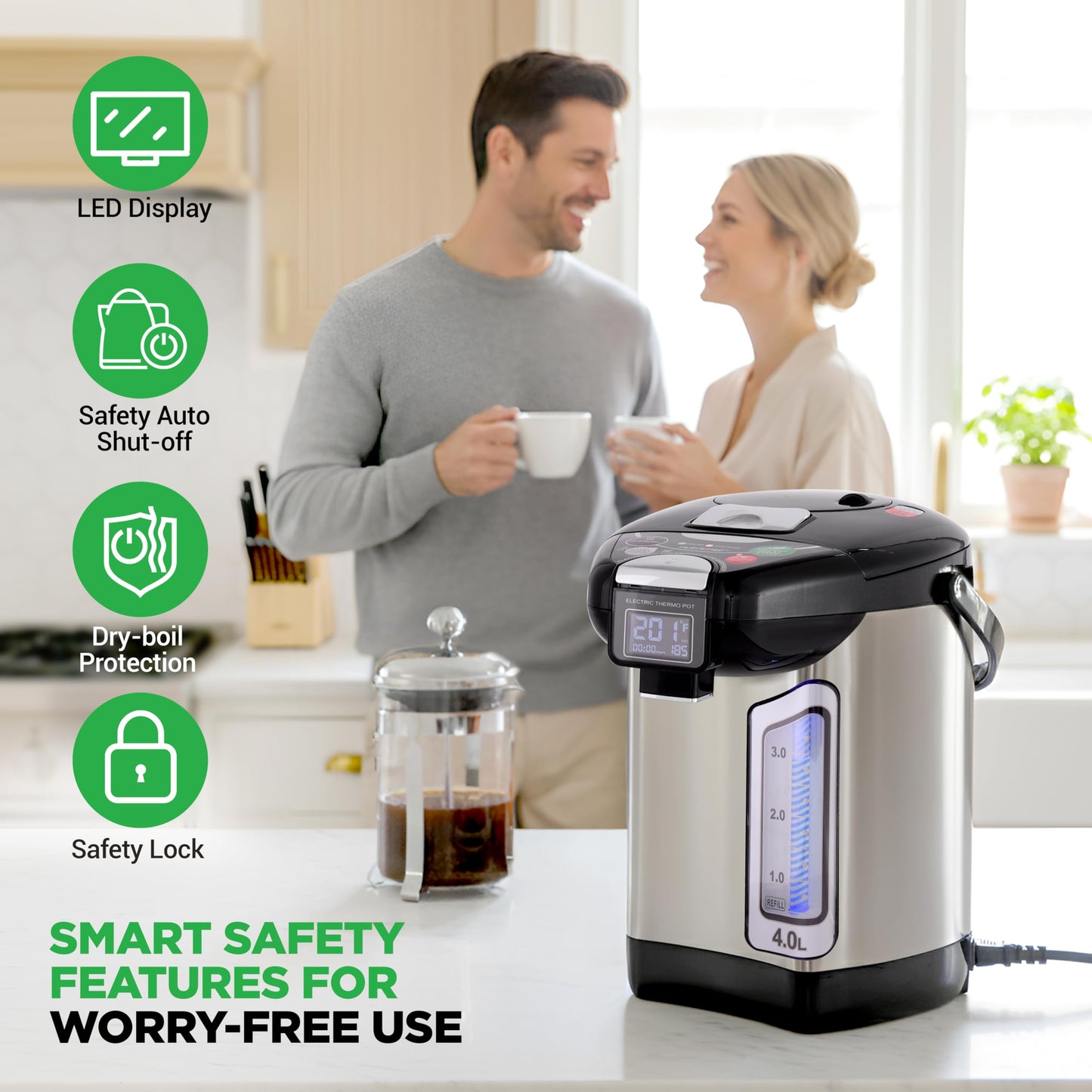 NutriChef Digital Water Boiler and Warmer - 4L/4.23 Qt Stainless Electric Hot Water Dispenser w/ LCD Display, Rotating Base, Keep Warm, Auto Shut Off, Safety Lock, Instant Heating for Coffee & Tea