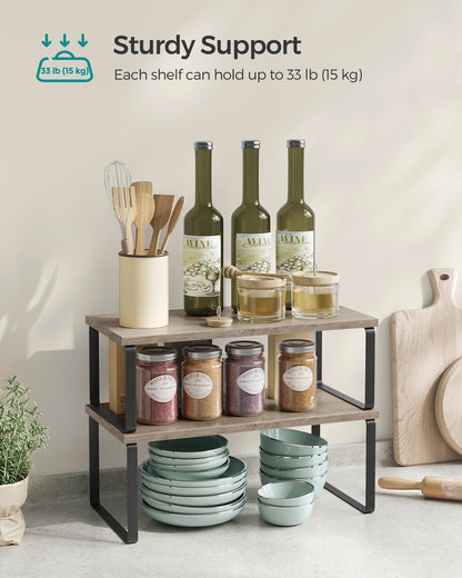 SONGMICS Cabinet Organizer Shelf, Set of 4 Kitchen Counter Shelves, Kitchen Storage, Spice Rack, Stackable, Expandable, Metal and Engineered Wood, Ink Black and Heather Greige UKCS022X02