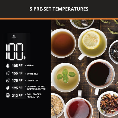 KRUPS Smart Temp Electric Kettle: 1.7L Capacity, 5 Precise Temperature Settings, Digital Display, Cool-Touch Exterior, Cordless Design for Tea and Coffee Lovers