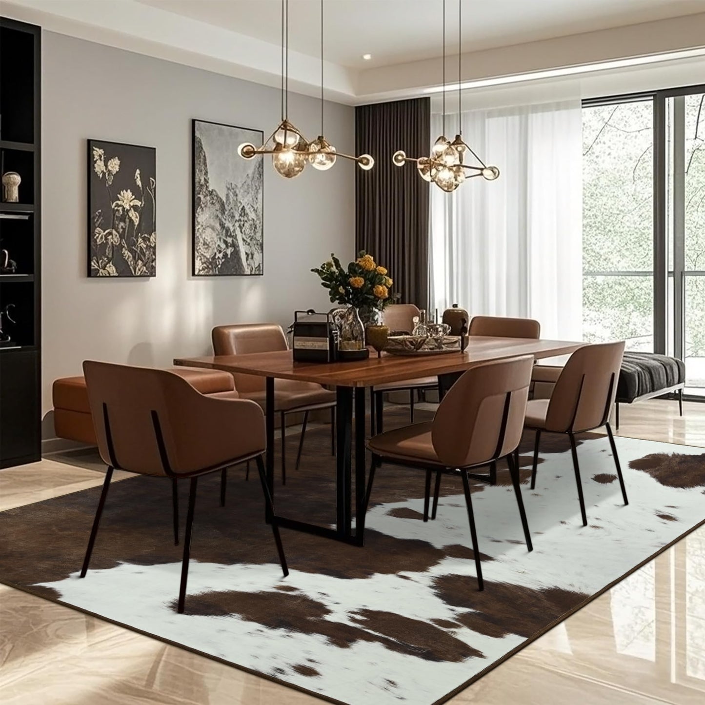 Foxmas Cow Print Rugs for Living Room, 5x7 Feet Washable Non-Slip Indoor Floor Rug, Carpet for Bedroom Dining Room Kitchen Office Western Home Decor, Brown