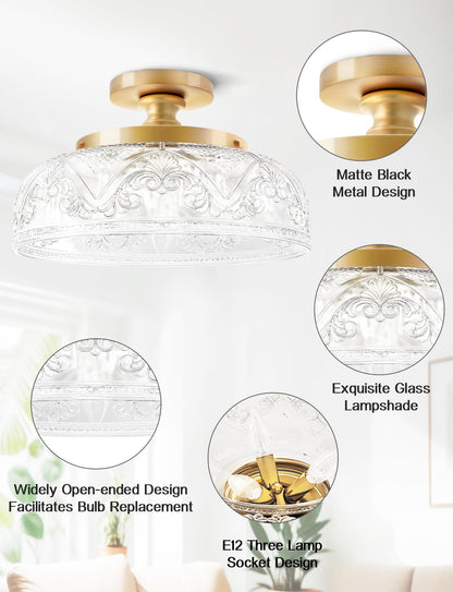 Slypadan Semi Flush Mount Ceiling Light, 12 Inch Large Gold Ceiling Light Fixture, 3-Light Globe Glass Farmhouse Kitchen Lighting Fixtures for Bathroom, Hallway, Dining Room (Bulb Not Included)