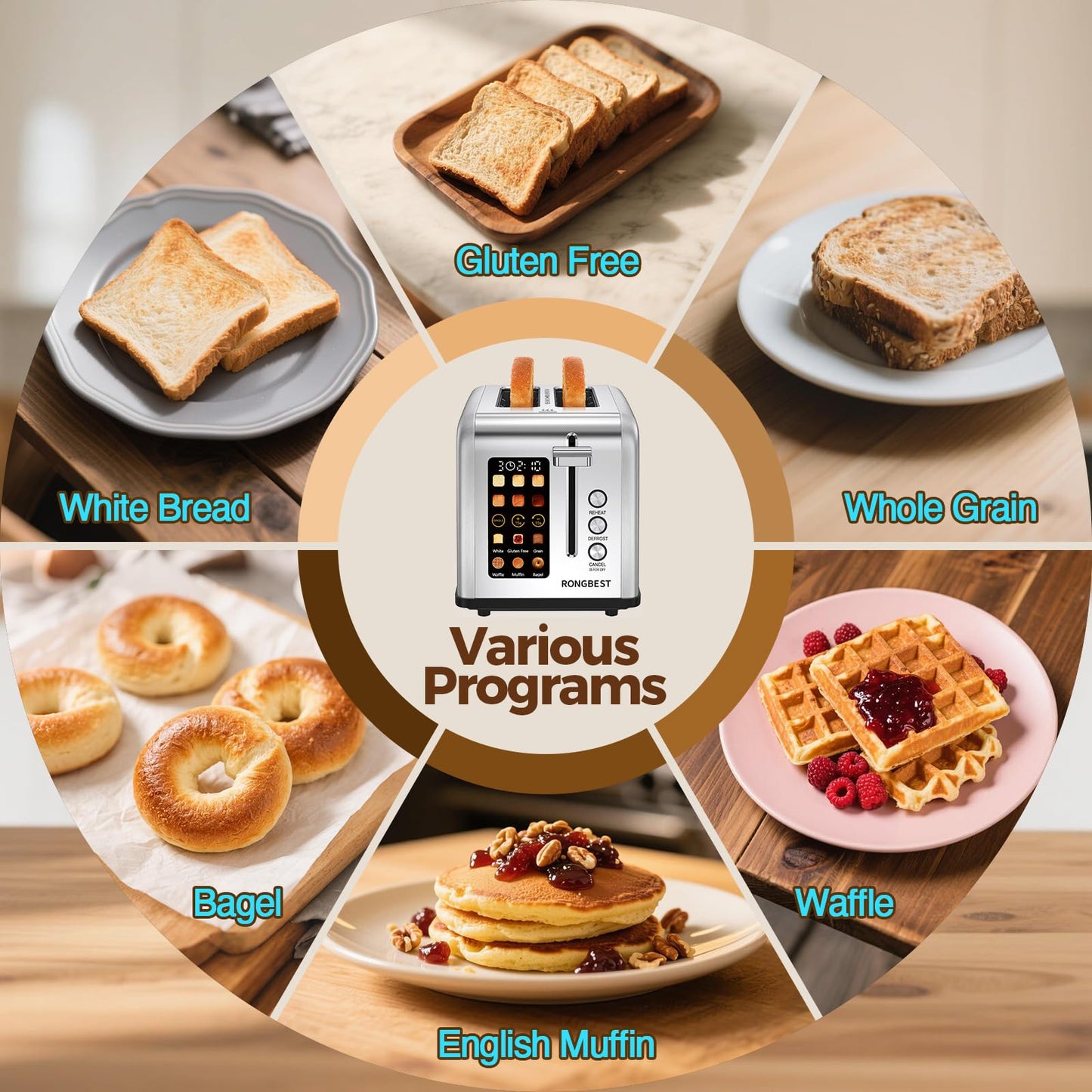 2 Slice Easy Touch Screen Toaster, Stainless Steel Toaster with Wide Slots, Even Toasting for Bagels & Bread, Reheat & Defrost, Removable Crumb Tray, Silver