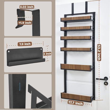 Fulifix Over The Door Pantry Organizer with Solid Wooden Baskets, 6-Tier Pantry Door Organizer Wall Mount, Metal Hanging Spice Rack Organization and Storage for Home, Kitchen, Cabinet
