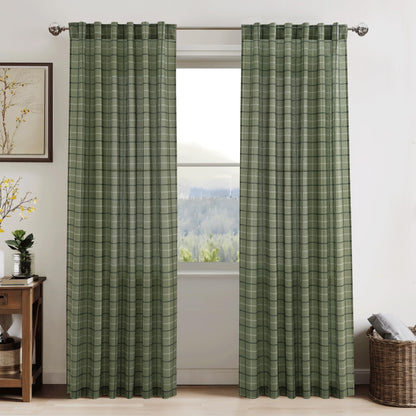 RYB HOME Green Plaid Curtains for Living Room Dining Room, Linen Blend Light Filtering Semi-Sheer Privacy Farmhouse Checkered Window Treatment for Kitchen Bedroom, W52 x L96 Inch, 2 Panels