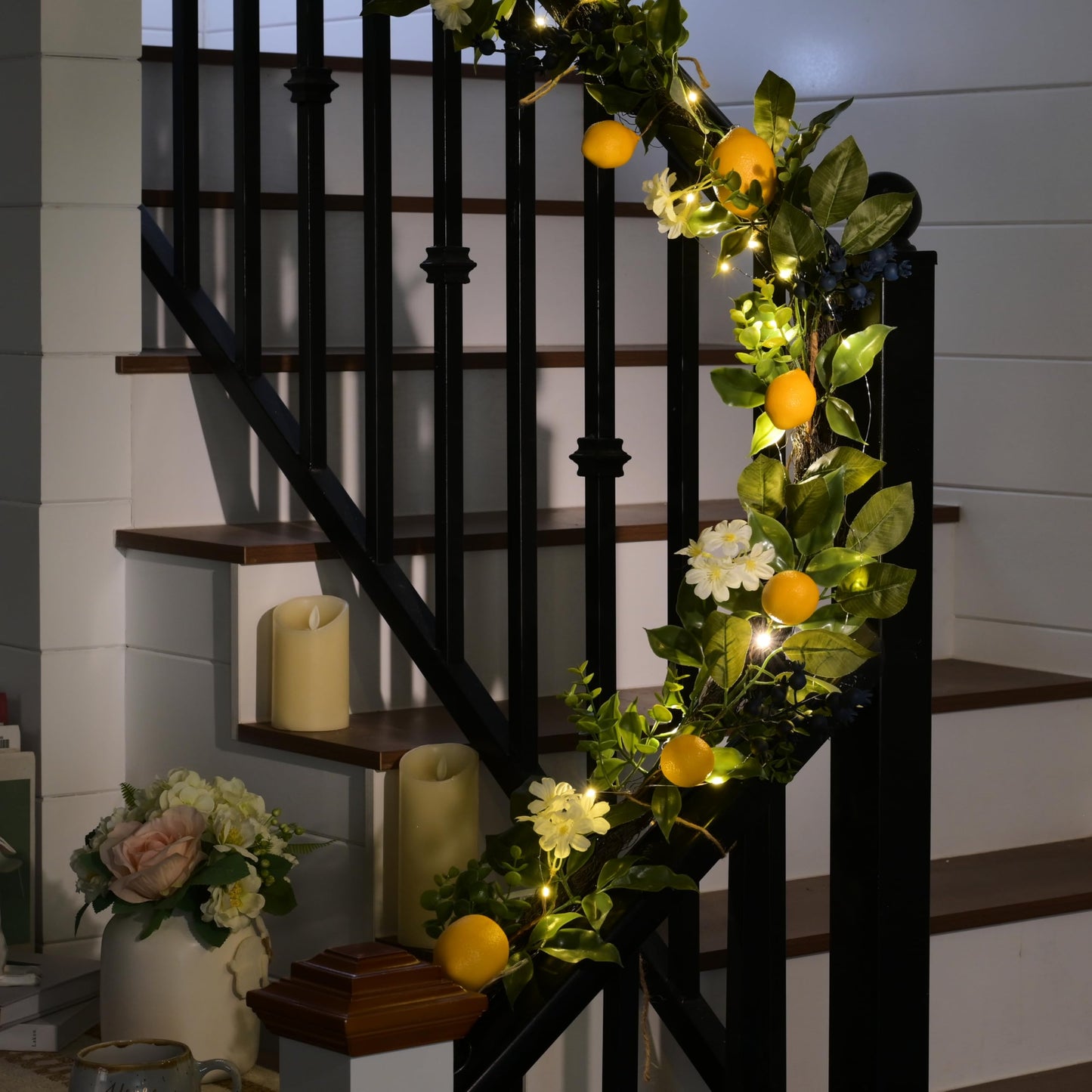 Valery Madelyn 6ft Pre-Lit Lemon Garland with Greenery, Thick Spring Summer Garland for Mantle with Lights, Artificial Fruit Vine for Stairs Fireplace Table, Farmhouse Kitchen Home Wall Party Decor