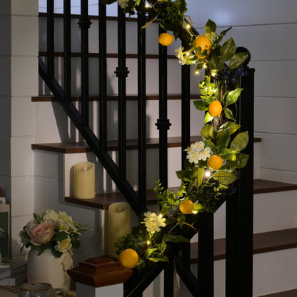 Valery Madelyn 6ft Pre-Lit Lemon Garland with Greenery, Thick Spring Summer Garland for Mantle with Lights, Artificial Fruit Vine for Stairs Fireplace Table, Farmhouse Kitchen Home Wall Party Decor