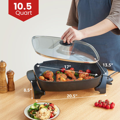 Elite Gourmet EG-6203# Extra Deep 16"x13"x3.2" (10.5Qt.) Scratch Resistant, Easy Pour Spout Dishwasher Safe, Non-stick Electric Skillet with Glass Vented Lid, Adjustable Temperature, Black