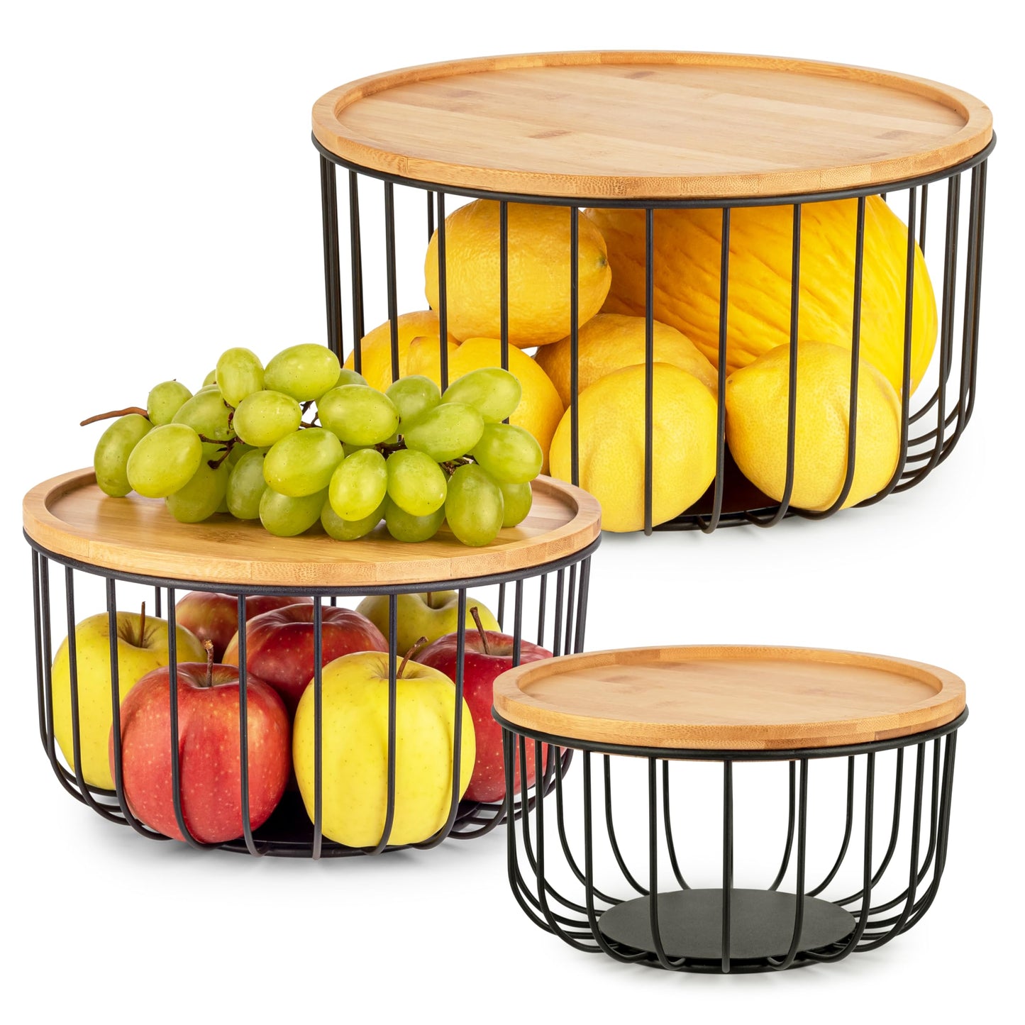 Fruit Basket for Kitchen Counter Set of 3 - Large Stackable Baskets with Bamboo Lid - Fruit Bowl, Perfect Holder For Fruits and Vegetable Storage -Keep Your Countertop Classy, Tidy and Slightly Fruity