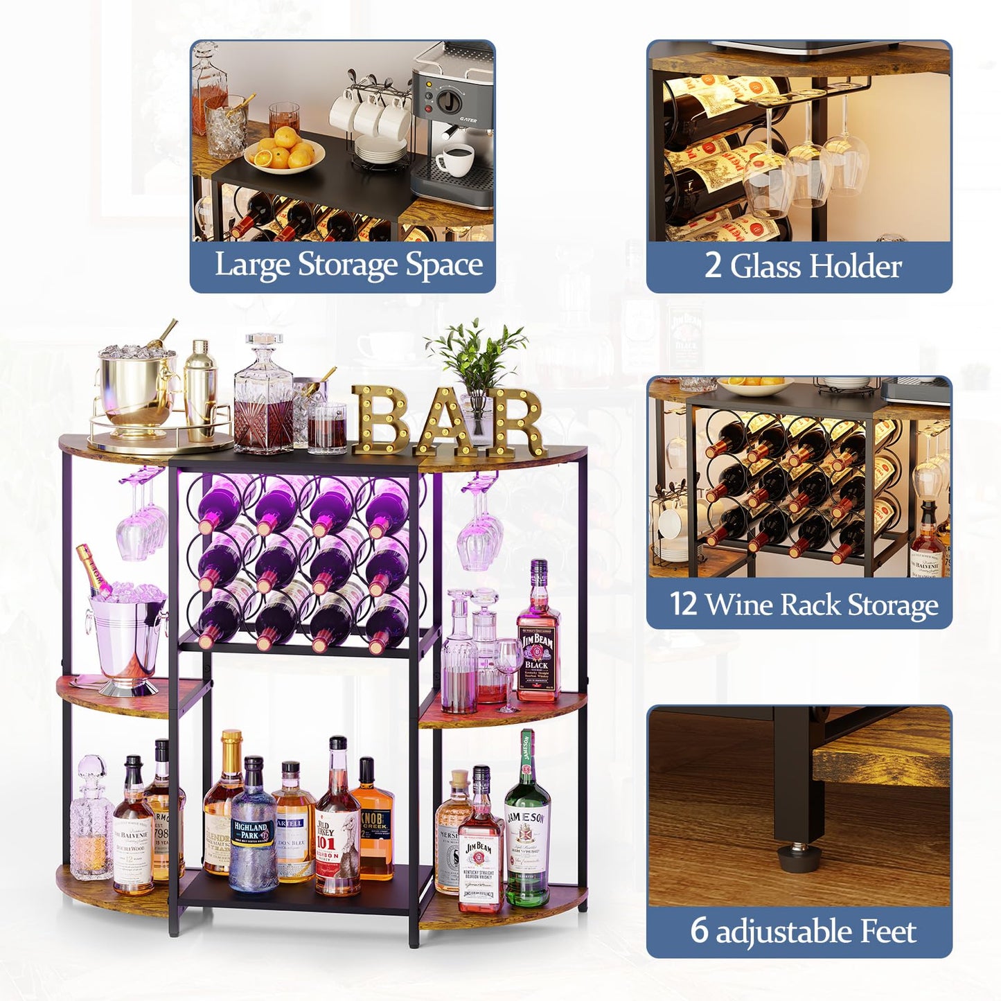 JKsmart Wine Bar Cart with LED Lights, Mini Wine Rack with Storage and Glass Holder, Small Home Bar Cart for Liquor, 3-Tier Bar Table for Kitchen, Dining Room, Living Room, Rustic Brown