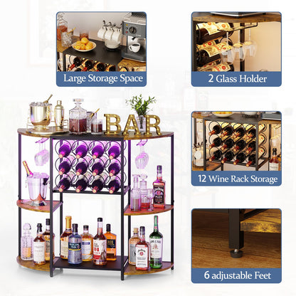JKsmart Wine Bar Cart with LED Lights, Mini Wine Rack with Storage and Glass Holder, Small Home Bar Cart for Liquor, 3-Tier Bar Table for Kitchen, Dining Room, Living Room, Rustic Brown