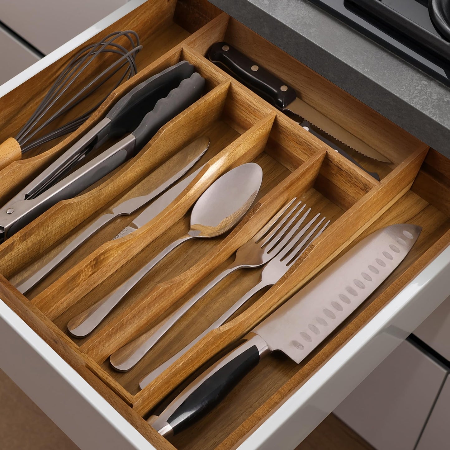 oridom Expandable Acacia Kitchen Drawer Organizer for Cutlery and Utensils, Adjustable Acacia Wood Cutlery Tray in Drawer for Flatware and Silverware in Kitchen