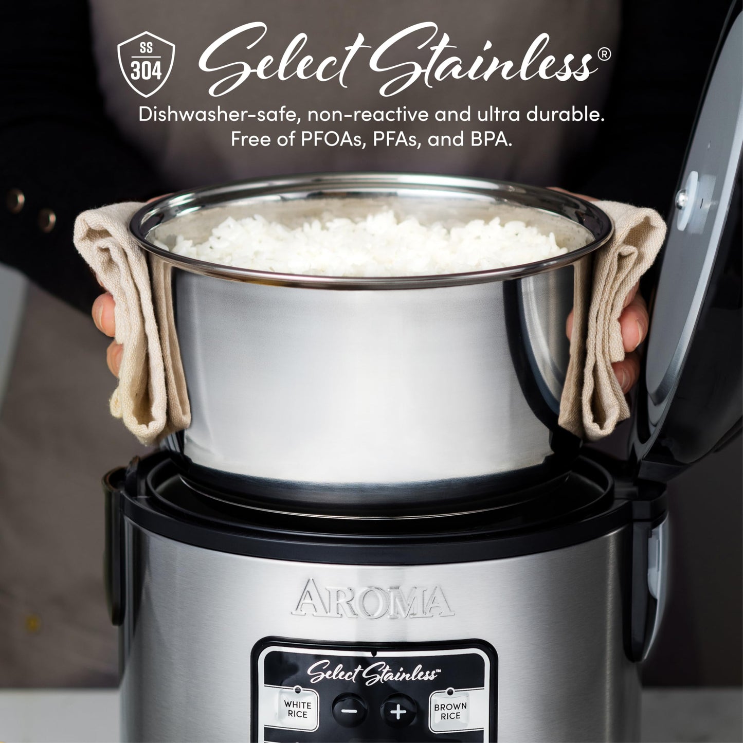 AROMA® Select Stainless® Rice Cooker, 4-Cup (Uncooked) / 8-Cup (Cooked), Stainless Steel Inner Pot, Multicooker, Steamer, 2 Qt, Stainless Steel, ARC-914SBDS